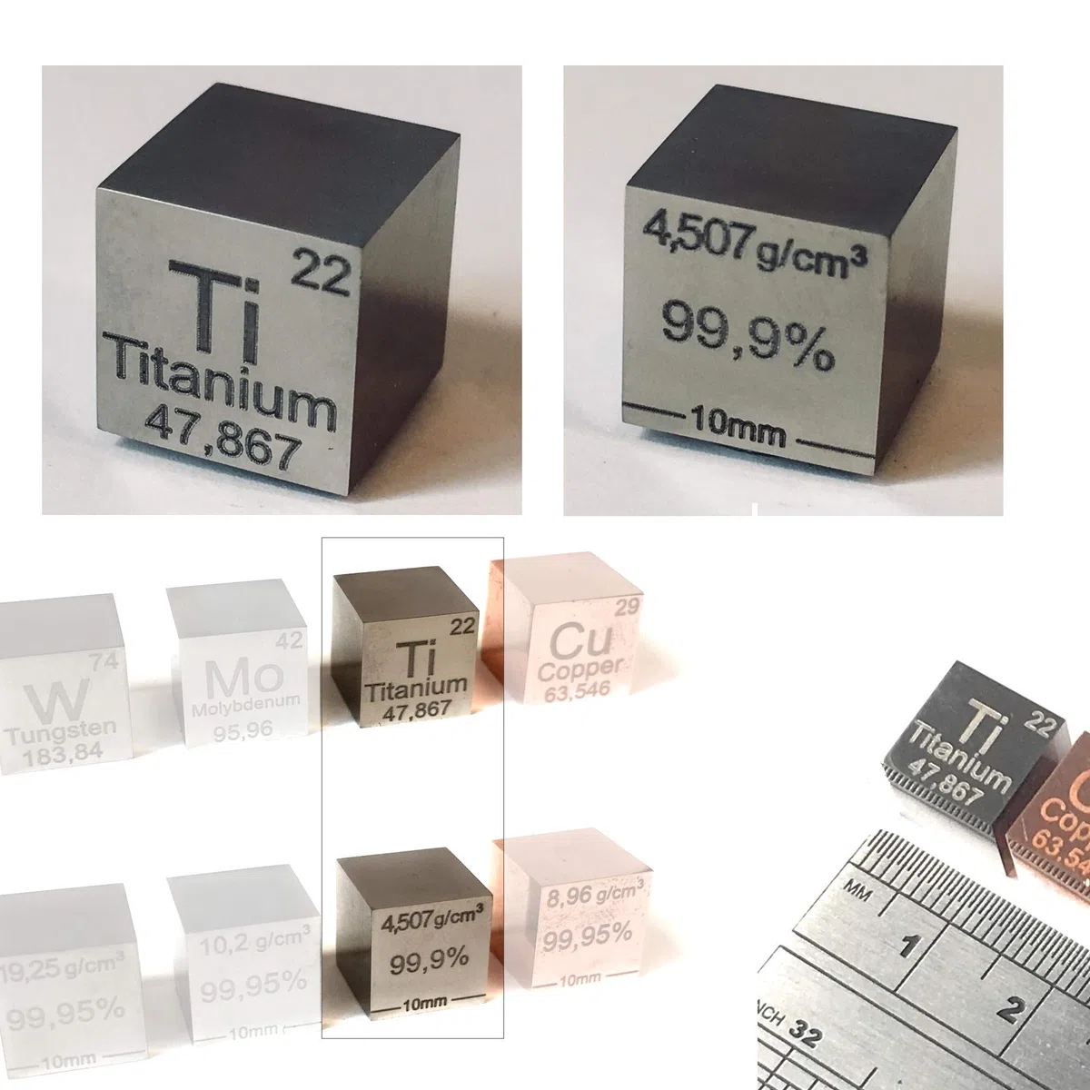 Cubo de 10mm de Titanio (Ti). Principales datos del elemento químico grabados a láser en dos lados. Perfecto para coleccionismo, formación, experimentos, etc.