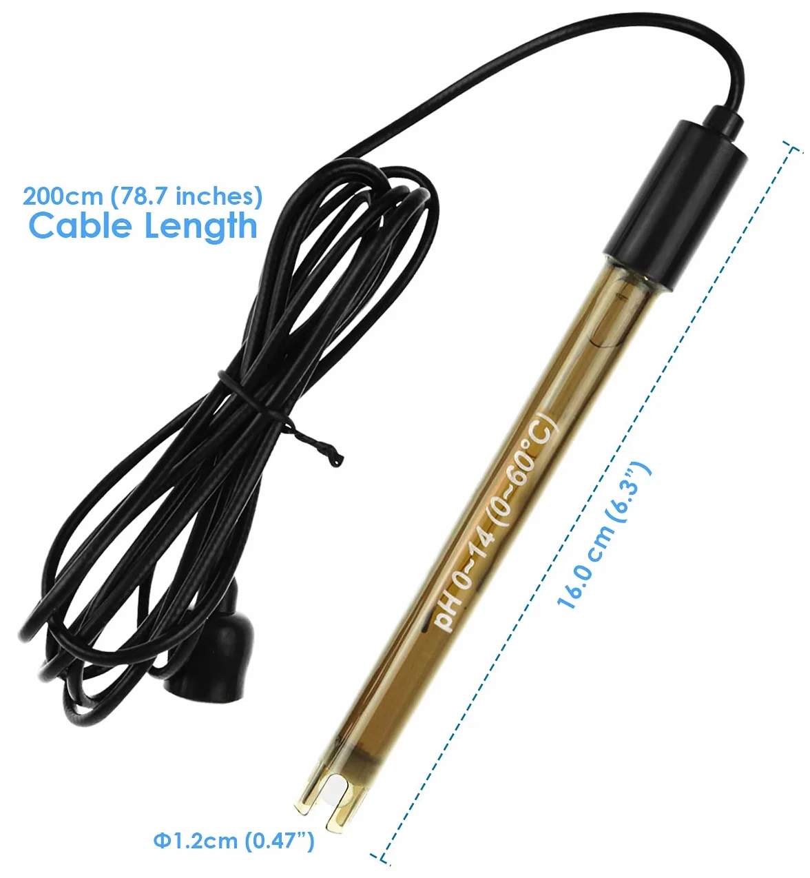 GAIN EXPRESS Electrodo de pH Combinado de Alta precisión para monitoreo Continuo del pH, sonda de pH 0-14 con Cable de Conector BNC de 200 cm de Largo y Kit de reemplazo de Polvo de calibración