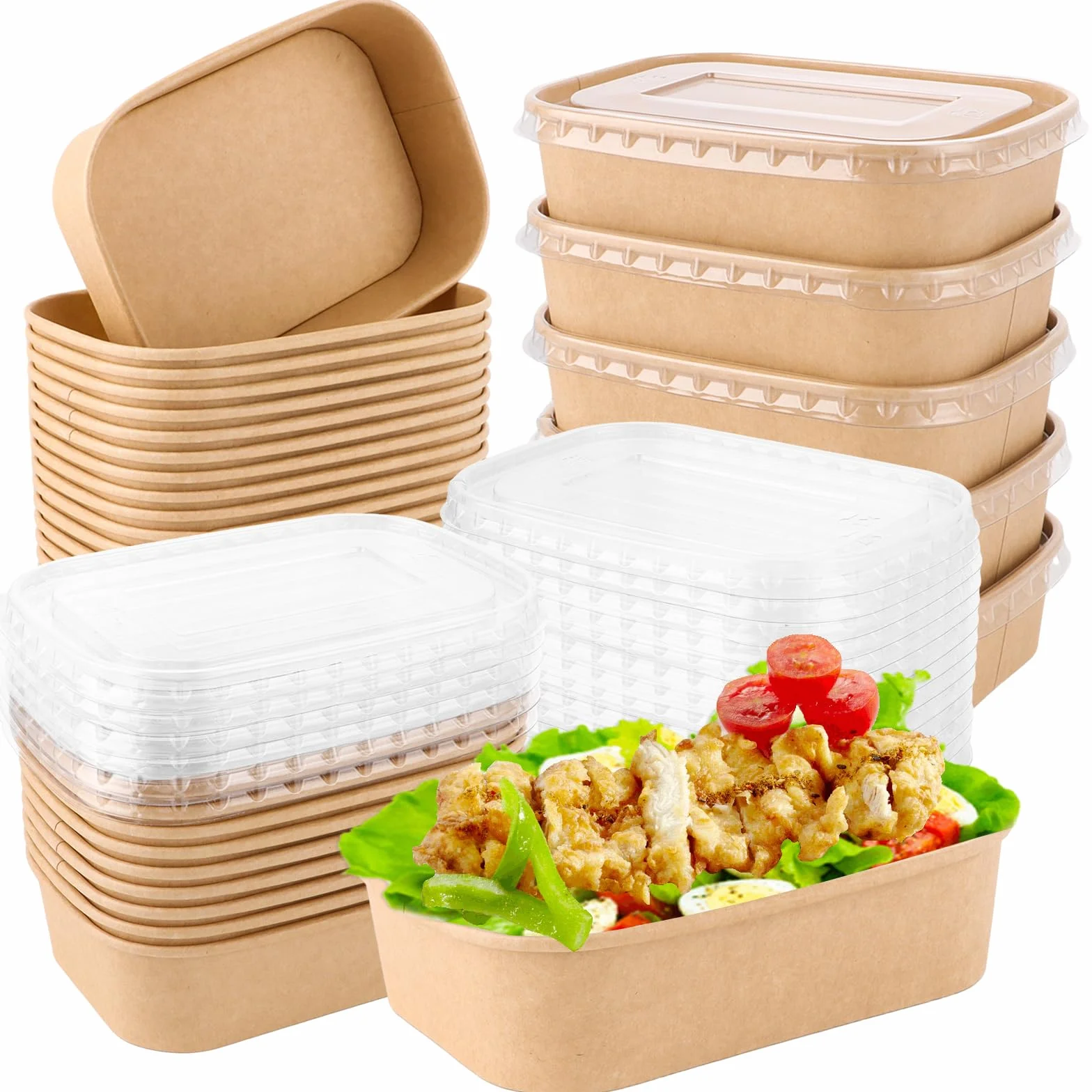 Pack de 50 Envases de Plastico con Tapa, Envase Plastico Comida para Llevar 500 ml con Tapa PET, Envases Comida para Llevar Cajas Kraft 171x120x43 Mm para Ensalada Pasta
