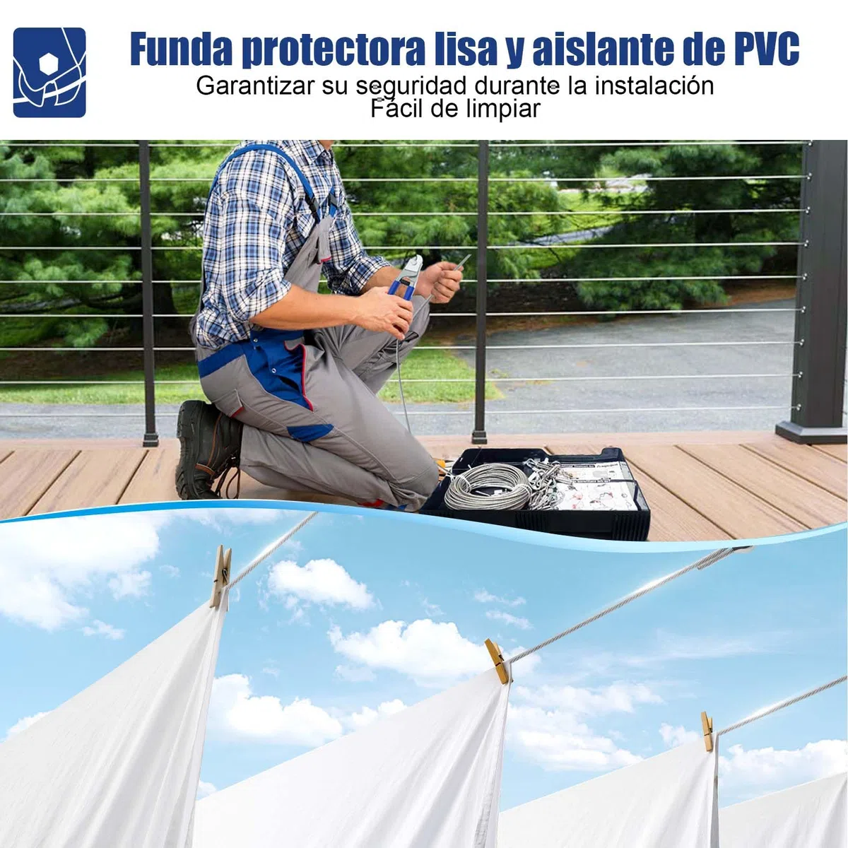 Angooni Juego de 65 Cuerdas de Acero Inoxidable 304 - 35 m, Tensor, Revestida Con Ojales - Para Tendedero, Luces Colgantes