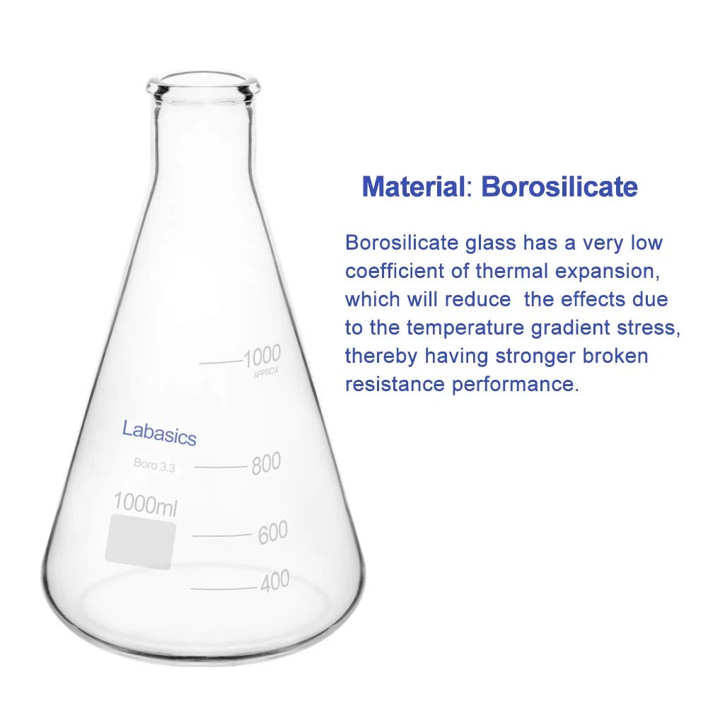 Labasics Matraces Erlenmeyer en Boca Estrecha, Erlenmeyer Flask Matraz de Cristal de Borosilicato con Borde Resistente - 1L