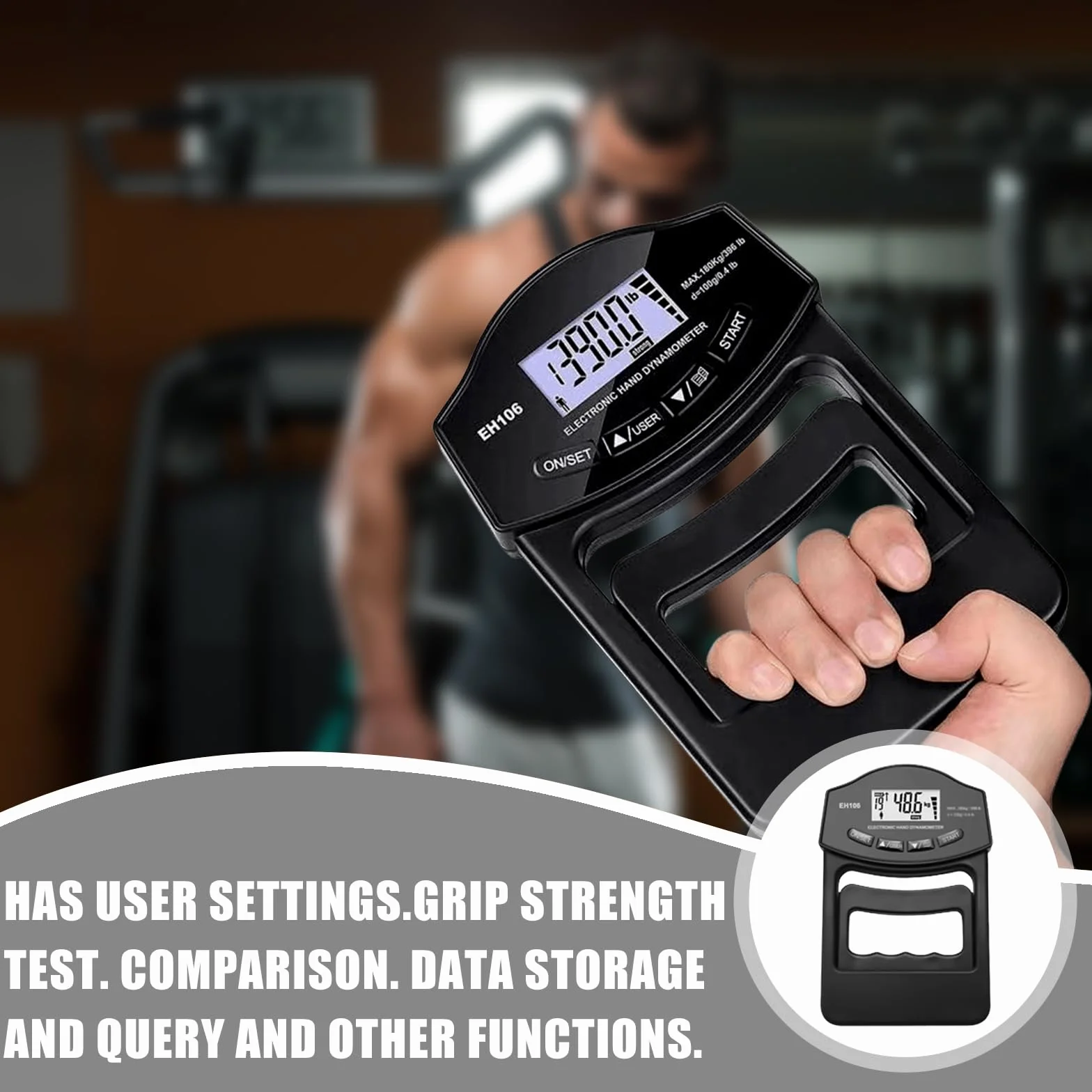 Medidor de fuerza digital manual, 396lb/180kg, dinamómetro de mano, inteligente y sensible, agarre de fuerza electrónica, gran pantalla LED con cable de carga USB