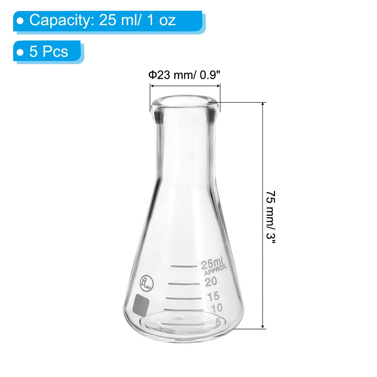 PATIKIL Matraz Erlenmeyer, 5Pzs 25ml 1oz Boca Estrecha Matraces Graduados Vidrio Borosilicato Con Escala Impresa Para Experimentos De Laboratorio Química Estudio Científico