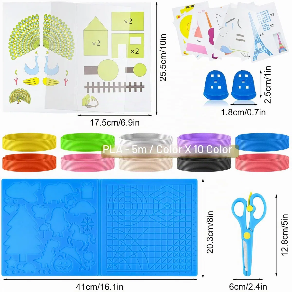 Set de accesorios para bolígrafo 3D, plantilla para bolígrafo de impresión 3D, filamento PLA para bolígrafo 3D, plantilla con 2 dedales y tijeras, accesorios para bolígrafos de impresión 3D para niños