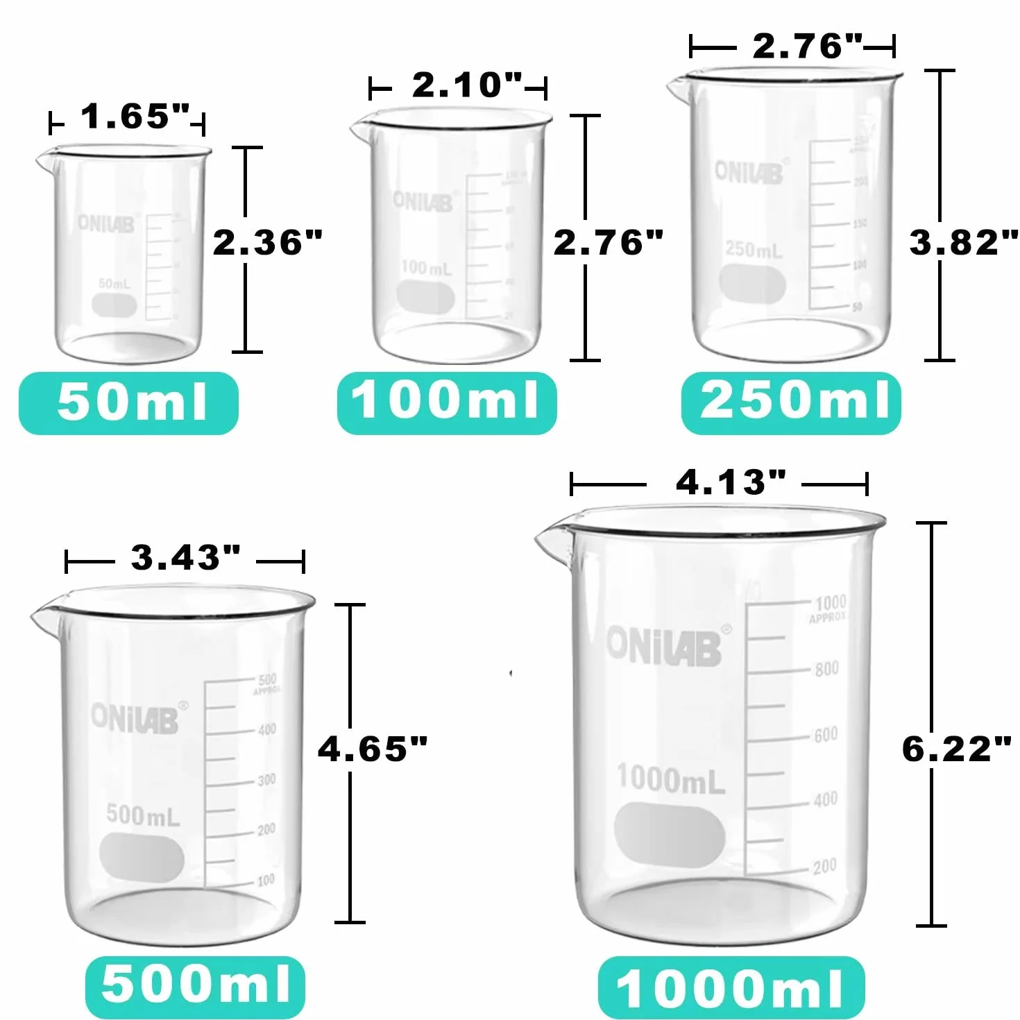 Conjunto de vasos de vidrio onilab 50ml 100ml 250ml 500ml 1000ml (un paquete de 5 piezas) 3.3 boro Griffin low forms, con cristalería científica de graduación impresa para laboratorio