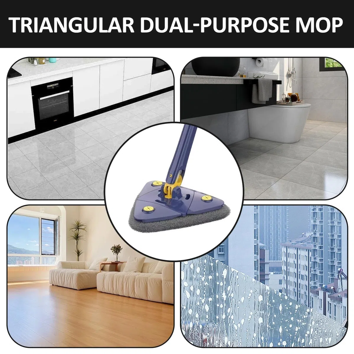 Fregona de Lavado de Pared - Mango Largo, Forma Triangular, Herramienta de Limpieza en y húmedo rotativo para Superficies duras, Espejos, Esquinas y Grietas, Limpieza Profunda y