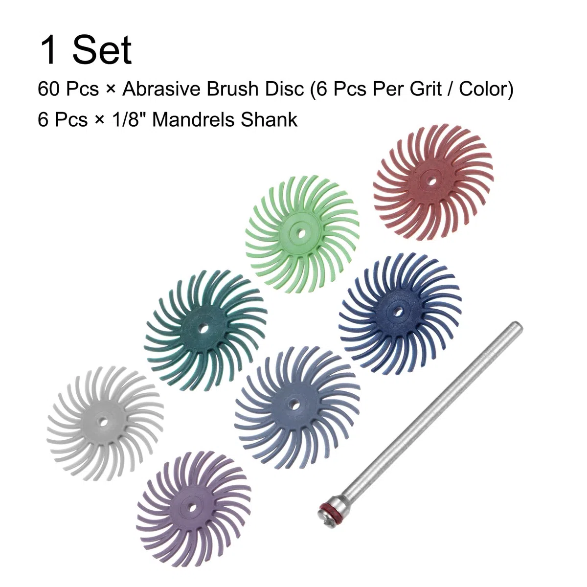 QUARKZMAN 60 Piezas De Juego De Discos De Cerdas Radiales 1" 80-1000 Grano Kit De Cepillo Abrasivo Para Detalles Rueda De Pulido Para Joyería Limpieza Y Pulido Con 6 Pcs De Vástago De 1/8"
