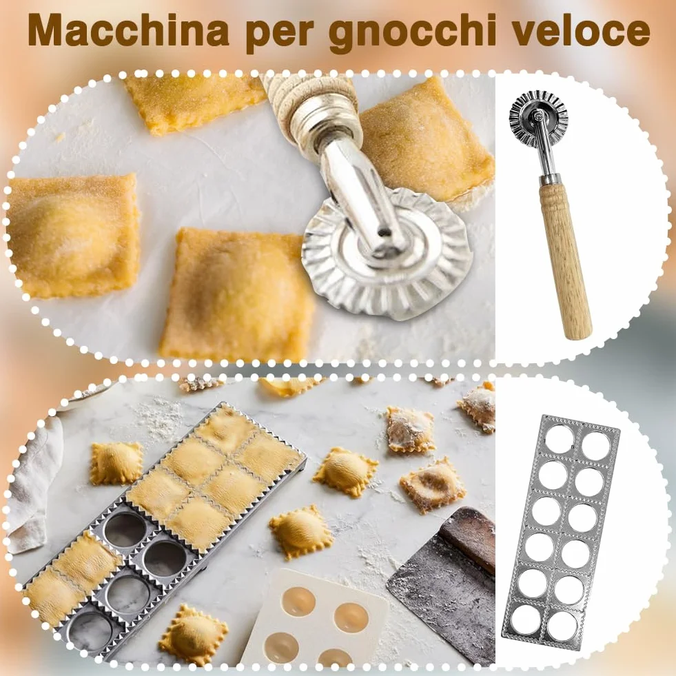 Ravioli - Juego de prensa para raviolis (4 piezas, acero inoxidable, con cortador redondo y cuadrado de 40 mm (12 orificios), incluye rodillo, espacio de llenado generoso para raviolis frescos y