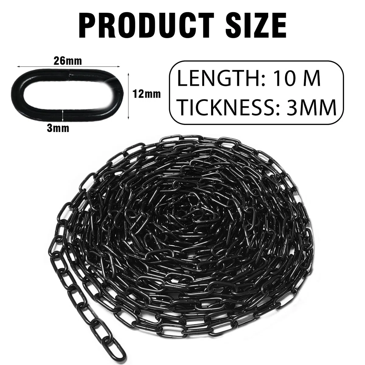 Cadena de acero al carbono de 10 m, cadena de acero de 3 mm de grosor, cadena de eslabones de metal, cadena de seguridad, cadena negra para perros, cadena de lámpara, cadena de columpio, cadena de