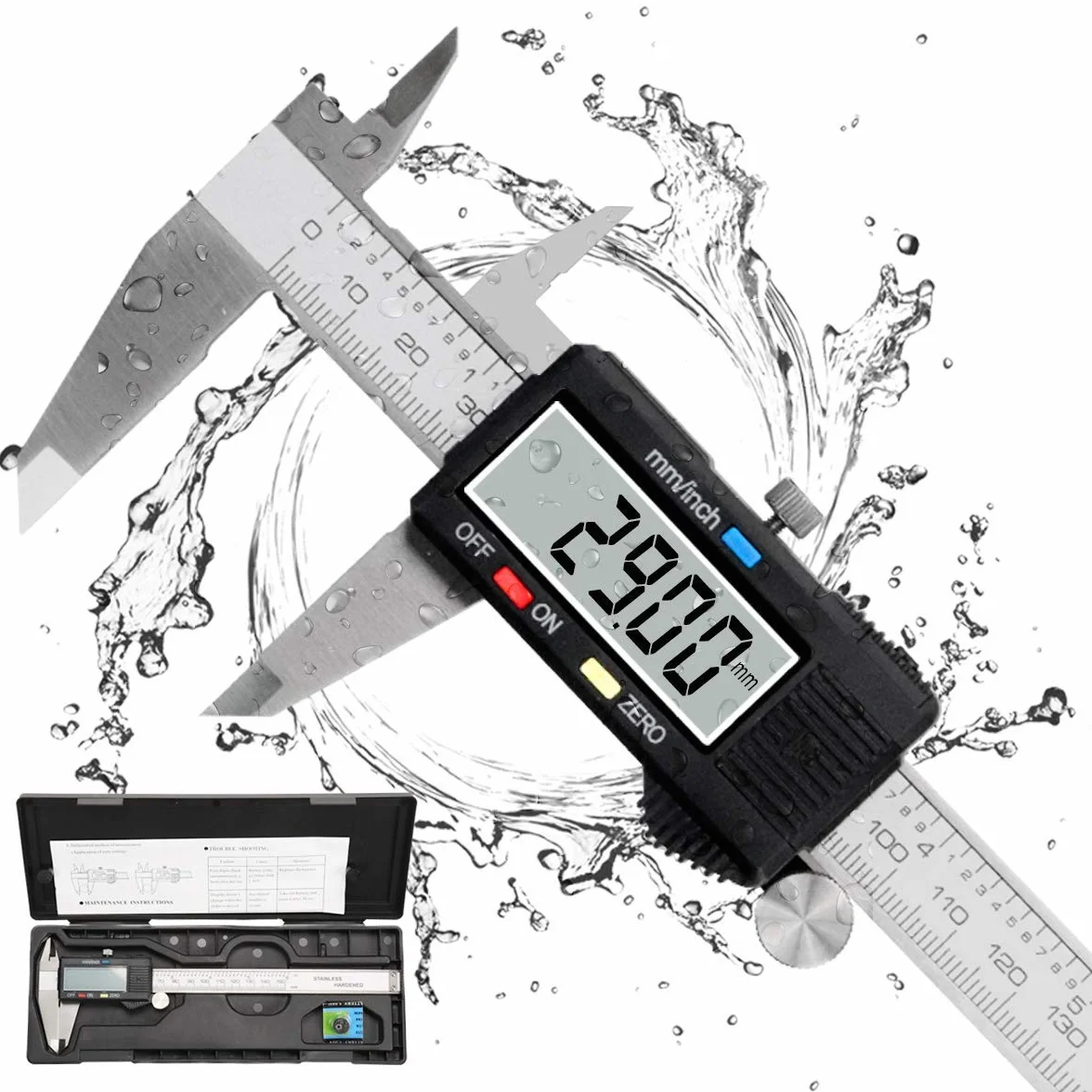 Calibre Digital, Qfun Pie de Rey Profesional Acero Inoxidable 150 mm con Pantalla LCD Grande Calibrador Digital Precisión 0.01mm Impermeable Medir Diámetro Interior Exterior Profundidad