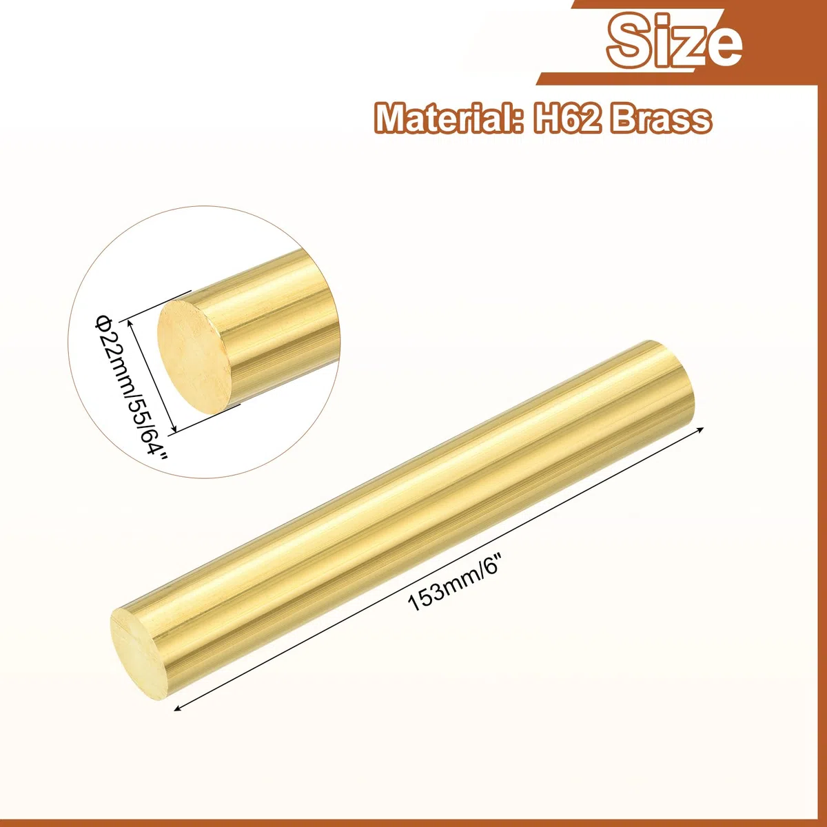 QUARKZMAN 1 Pcs 55/64"(22mm) Diámetro Barra Redonda Maciza De Latón, 6"(153mm) Longitud Barra De Latón H62 Para Tornería Material Para Construcción Industria Y Manualidades DIY