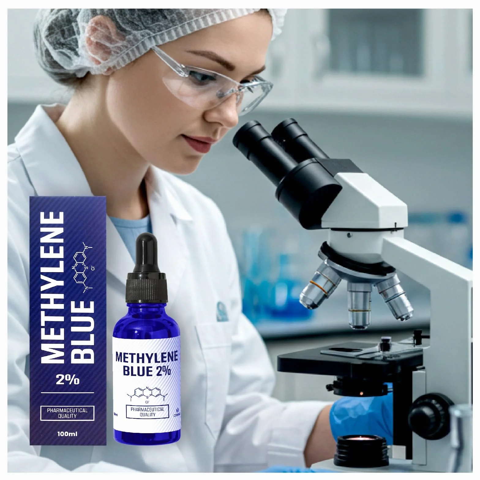 Solución de azul de metileno 2% – Calidad farmacéutica – Botella de vidrio ámbar de 100 ml con pipeta – Colorante puro para laboratorio, microscopía y técnica – Sin aditivos