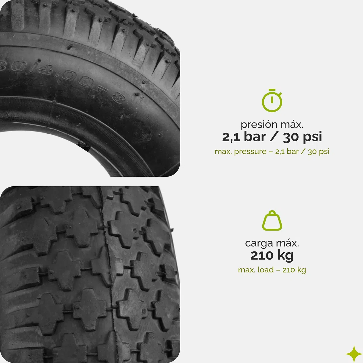 Garronda x2 Set de Neumáticos 4.80/4.00-8 con Cámara de Aire - Rueda Resistente 390x95 mm, 2PR Neumático de Repuesto para Carretilla de Mano, Válvula, hasta 210kg, para Jardín y Obra GD-0164 (Negro)