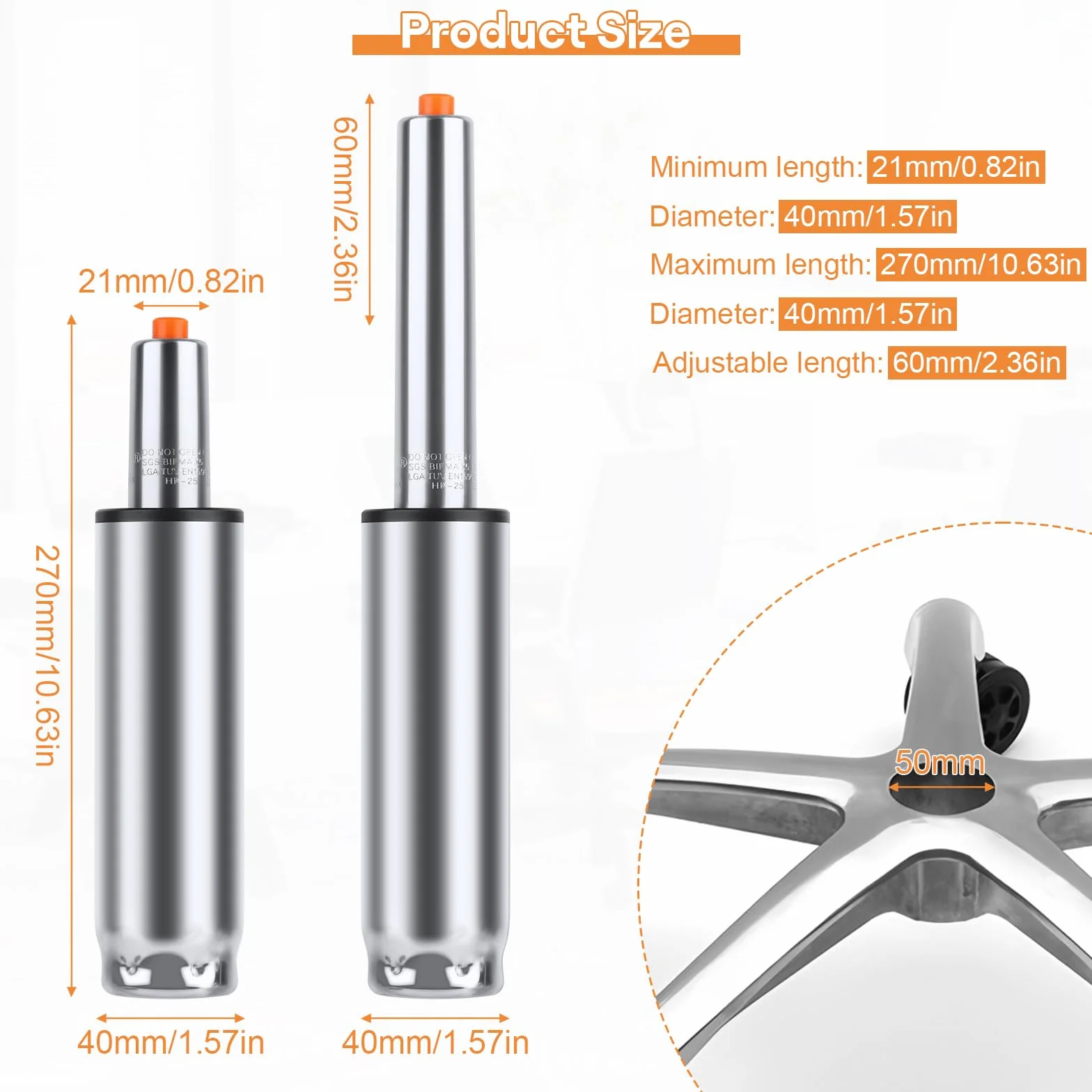Piston Silla Oficina,Cilindro De Gas para Silla De Oficina 1000Lbs(450kg), Longitud 210mm-270mm, Universal Resorte De Gas para Silla De Oficinas Sillas Gaming