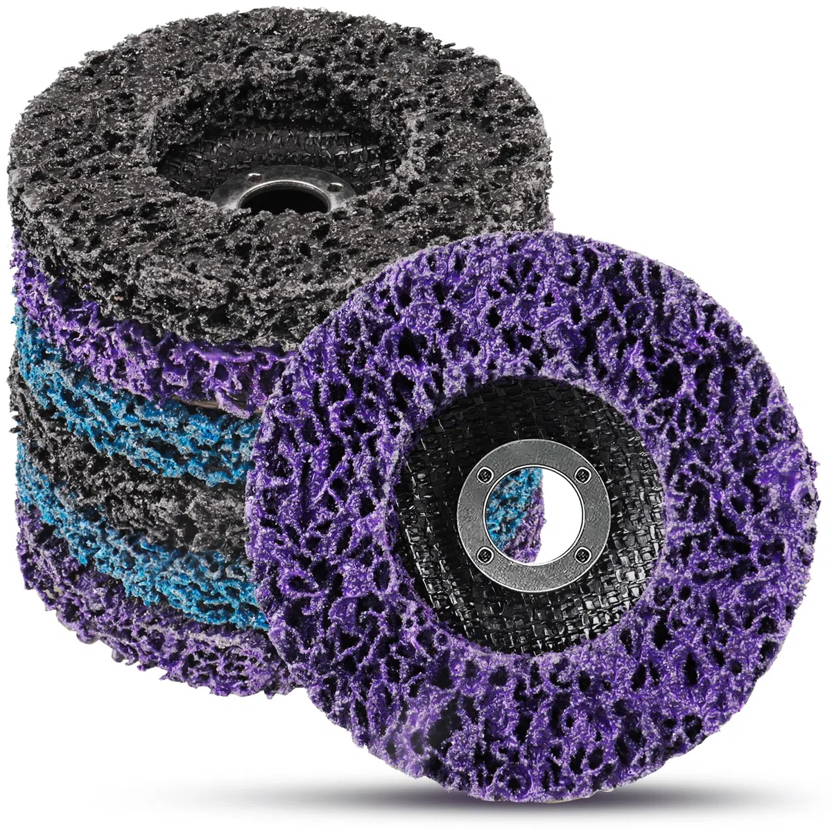 6 Piezas 4.5"x7/8" Discos de Limpieza Gruesos,115mm Diámetro CSD Disco Pulido Disco Limpieza con Soporte, para Tratamiento de Superficies o Eliminación de Barniz（Morado/Azul/Negro）