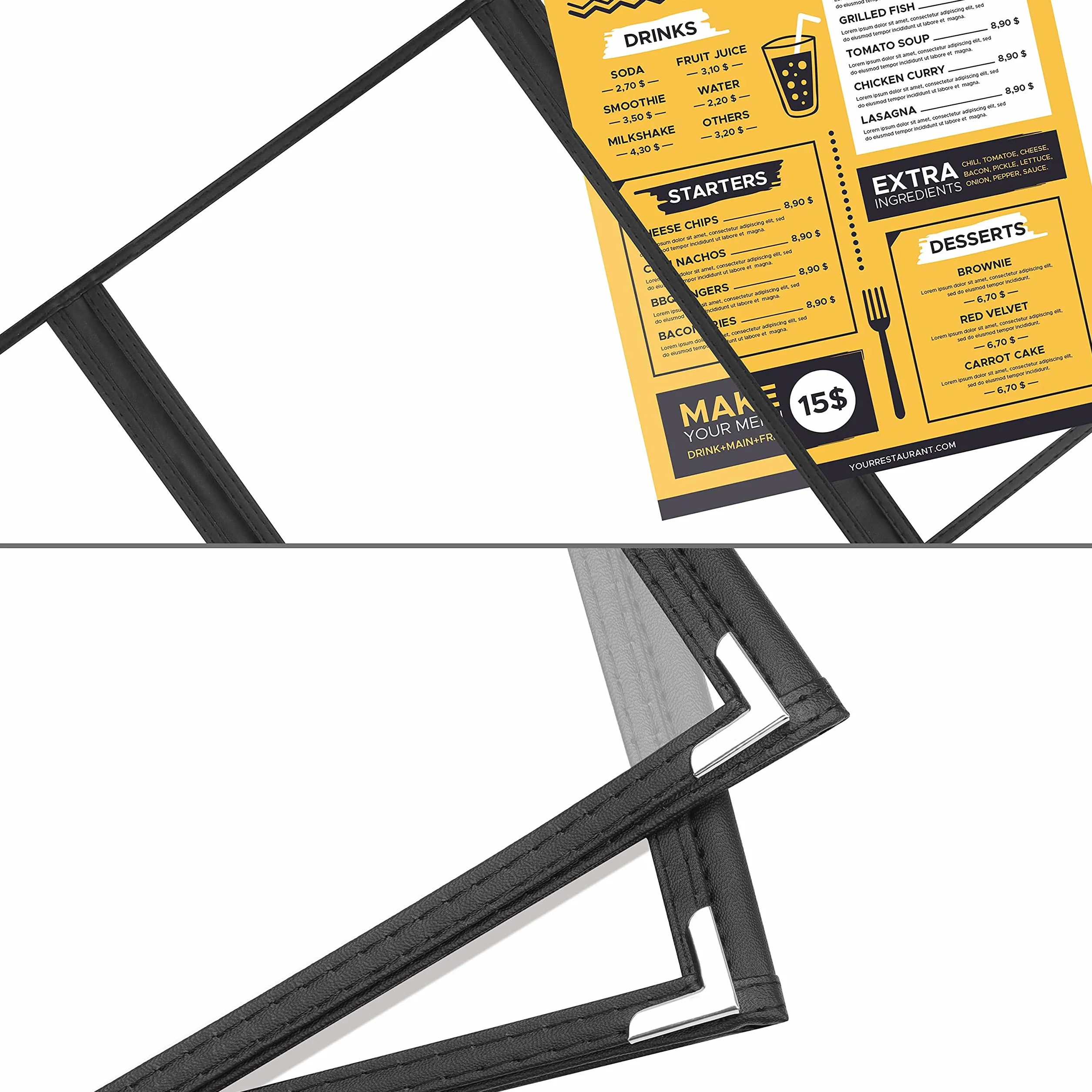 Kurtzy Funda para Cartas de Restaurantes Tres Pliegues A5 (Pack de 10) - 3 Pliegues Vista Doble Estilo Americano - Fundas de Cartas Negras Protectores de Esquina – Para Restaurantes, Bares, Cafés