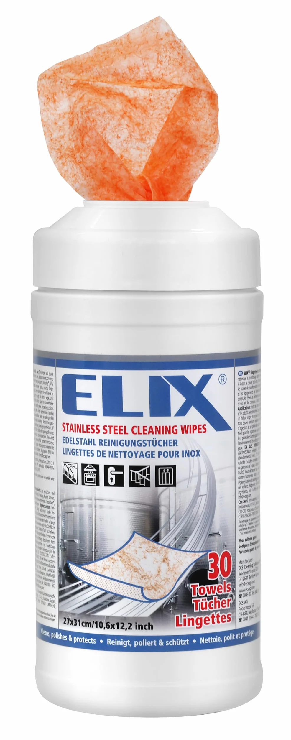 ELIX Toallitas Húmedas para Acero Inoxidable - para Acero Inoxidable, Aluminio, Cerámica, Cromo, Cobre y Latón - 30 Unidades en Dispensador - Paños Húmedos 27 * 31cm Naranja - Resistentes y Eficaces