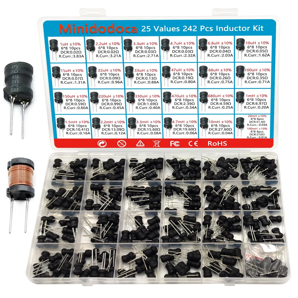 25 Values - Kit de inductores de 242 piezas de 1uH a 100 mH DIP Radial Power Choke Inductores Surtido Kit Bobina de cobre Corriente nominal Resistencia CC Compartimento individual
