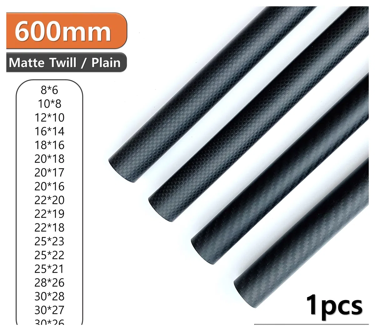 Varilla de Fibra de Carbono Tubo de fibra carbono 600 mm, compuesto dureza, tejido sarga mate Para uso industrial(8x6x600mm 1pcs)