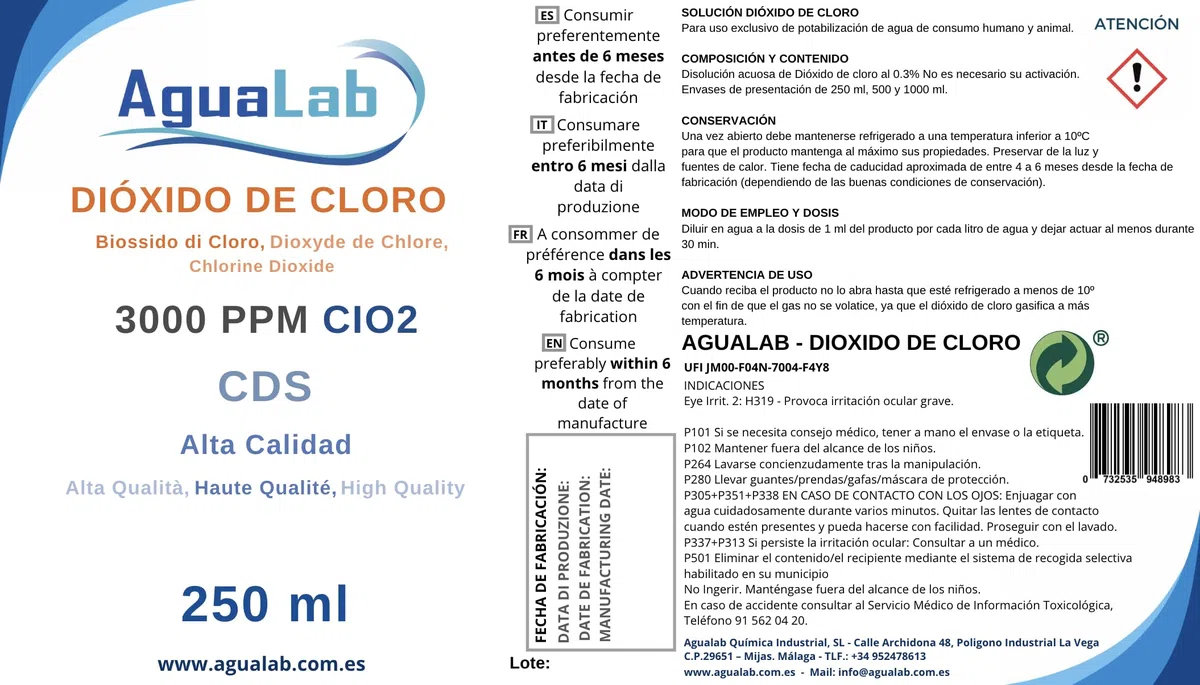 Dióxido de Cloro alta calidad en vídrio 250ml - CDS 3000 PPM - PH Neutro | Apto para Desinfección y Potabilización Aguas Consumo Humano - Laboratorio Español. Reg 24-20/40/90-12176