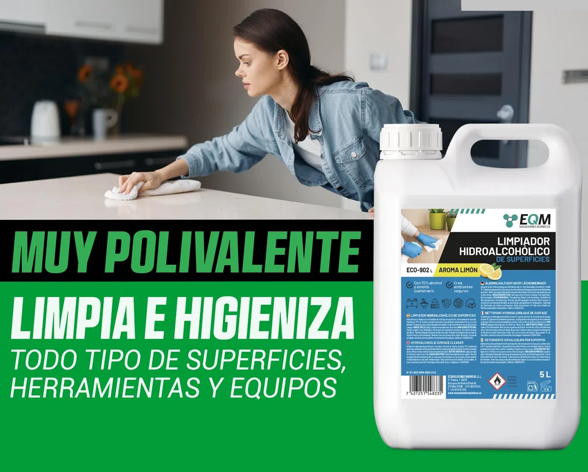 EQM - ECO-902L - Limpiador Hidroalcohólico de Superficies - 5L - Limpieza de Zonas de Alto Contacto - Acción Inmediata, sin Aclarado, no Deja Residuos - Esencia Limón