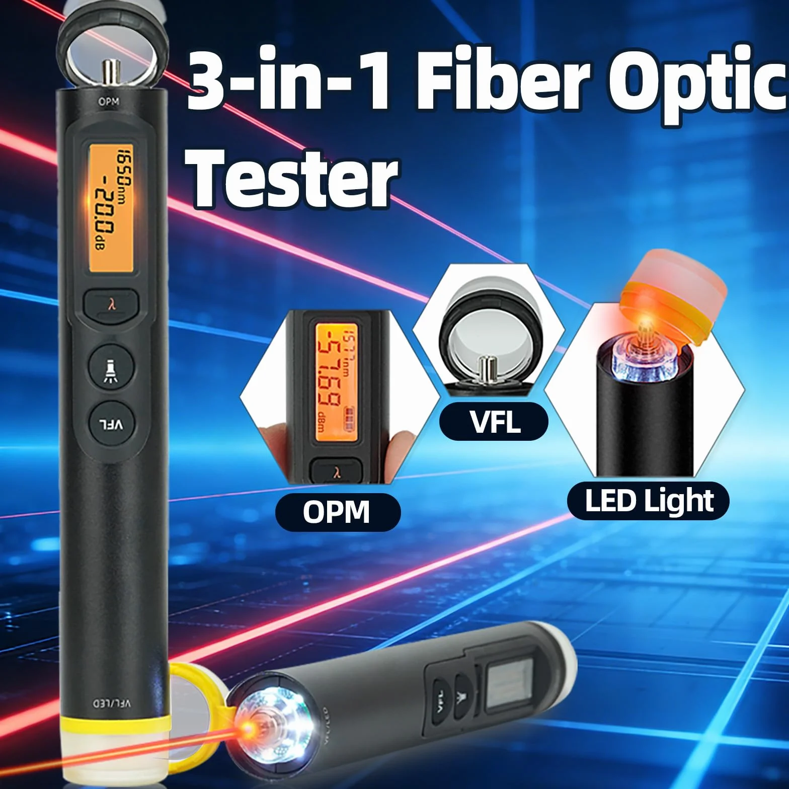TFN probador de fibra óptico medidor de potencia portátil 30 mW 30 km localización de error visual mini OPM & VFL con probador de cable de fibra óptico de luz LED