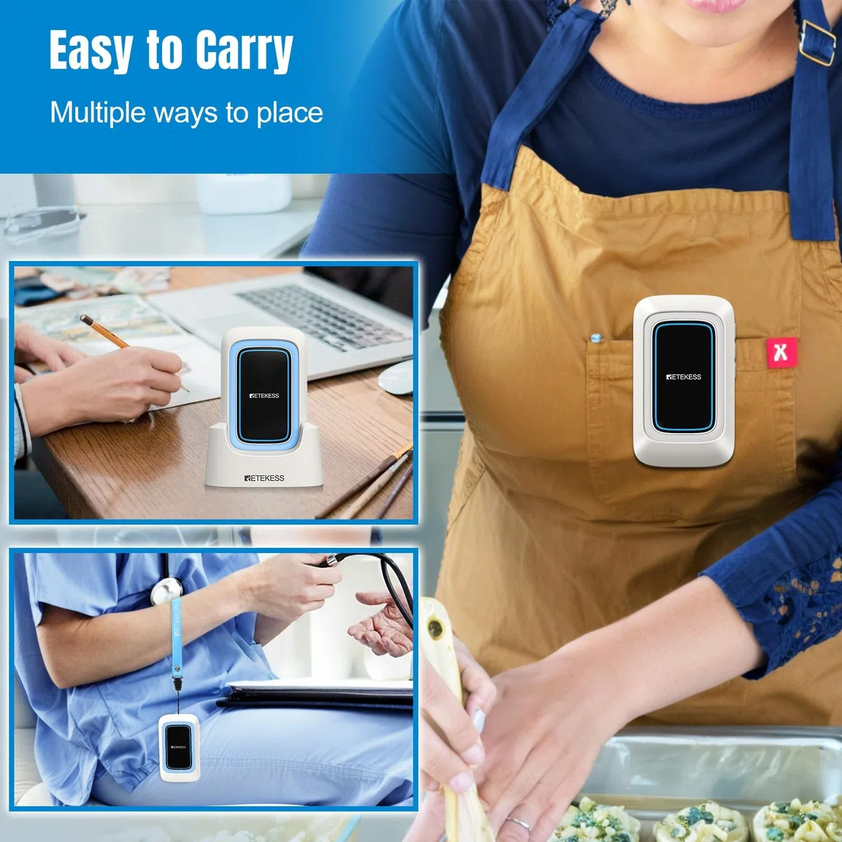 Retekess TH109 Botón Llamada Emergencia, Botón de Llamada Inalámbrico para Ancianos, Sistema de Alerta de Emergencia, 850 pies de Distancia de Comunicación, Alarma Multimodo, Cuidado en el Hogar