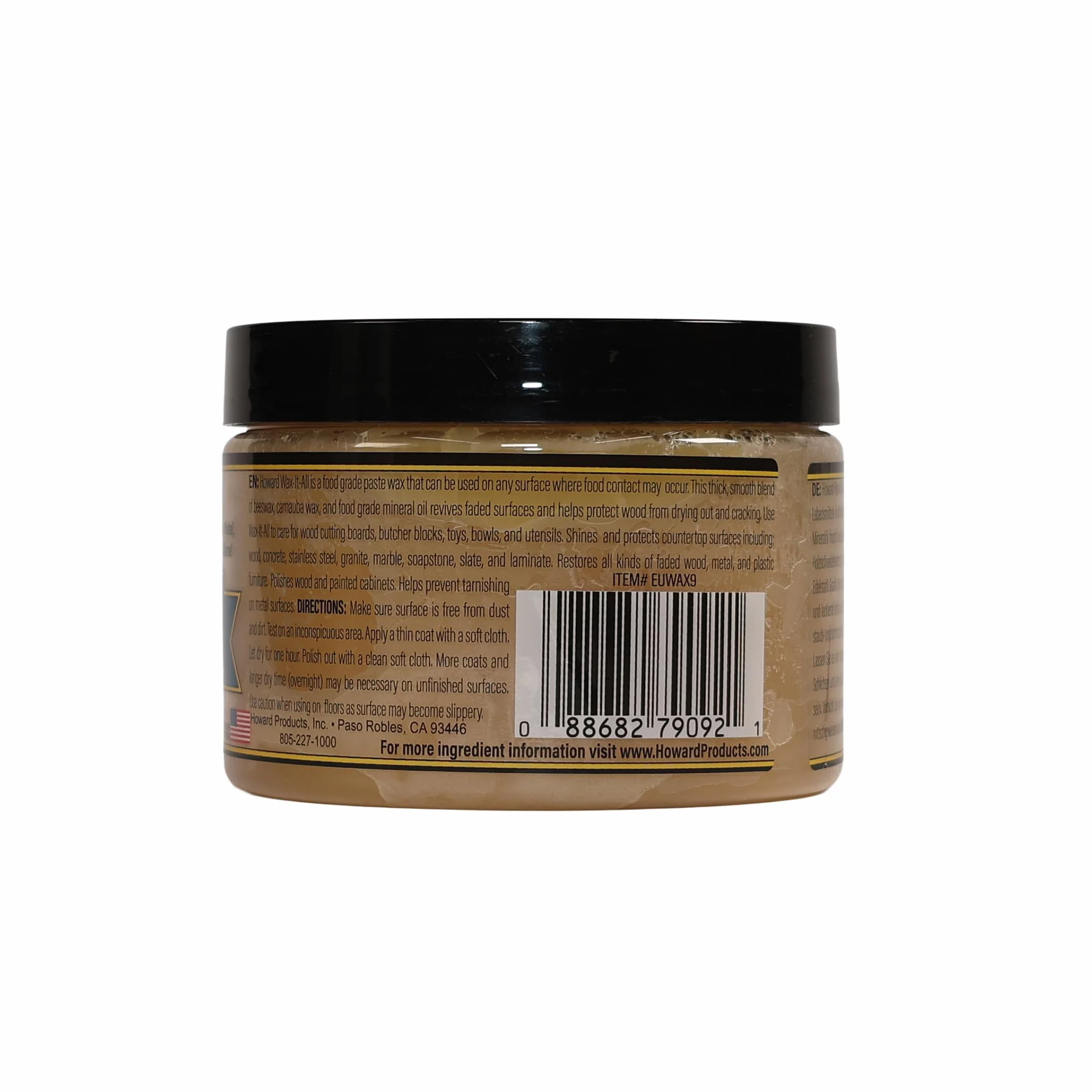 Howard Wax It All - Pasta de cera de abejas de grado alimenticio para madera, piedra, metal, granito, mármol, bloque de carnicero, encimeras y muebles, mezcla de aceite mineral de carnauba, 255 g