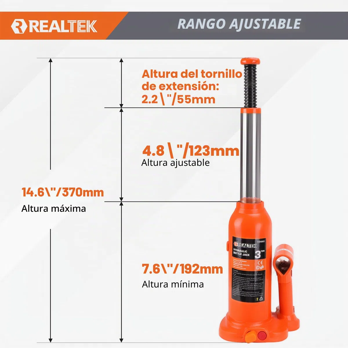 REALTEK Gato Hidráulico de Botella 3 Toneladas Resistente Gato de Soporte de Elevación para Vehículos, Rango de Altura 188-363 mm, Naranja