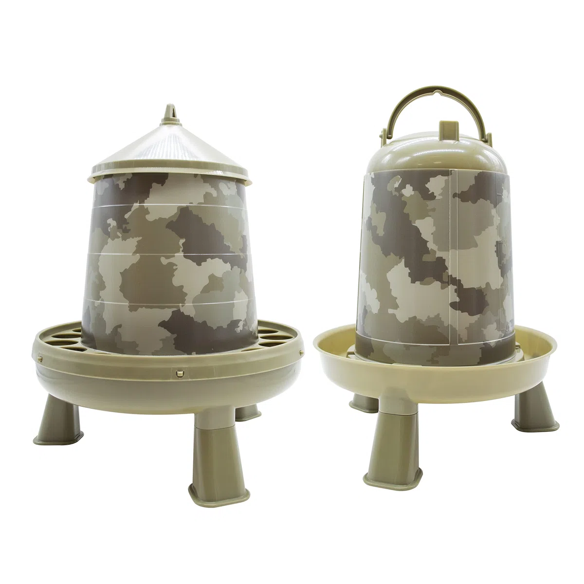 FINCA CASAREJO Pack Comedero y Bebedero con Patas para Gallinas y Otras Aves – Capacidad 2Kg / 3L – Tolva y Bebedero Sifónico en Colores Tipo Camuflaje - Alimento Siempre Limpio
