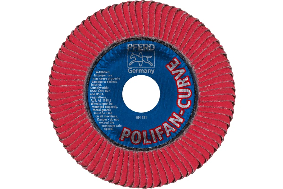 PFERD 67344 Polifan PFR - Disco de solapa tipo radial curvo, óxido de cerámica, diámetro de 5 pulgadas, agujero de eje de 7/8 pulgadas, 12200 RPM, grano 60