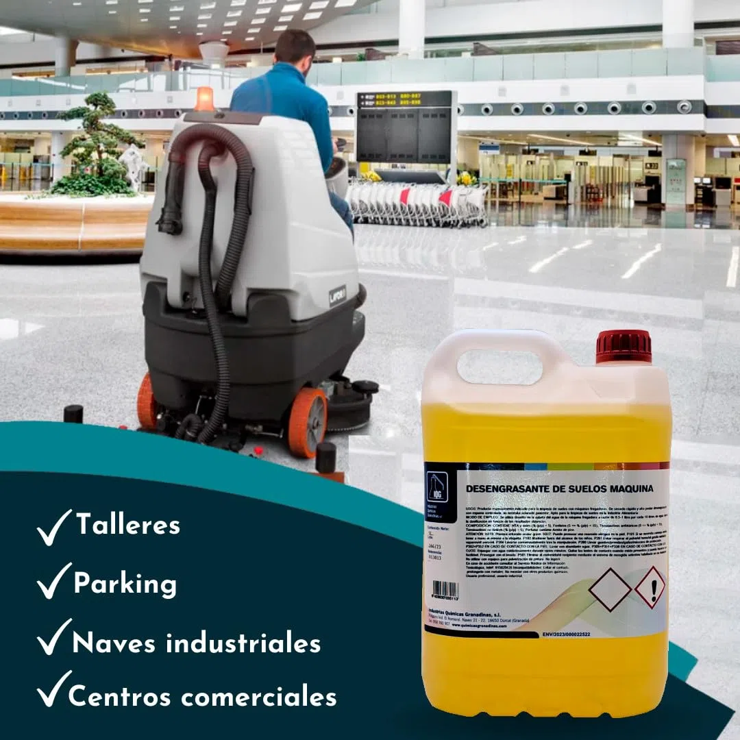 Fregasuelos desengrasantes, 5L Ideal para máquina fregadora, limpieza de suelos profunda y de grandes dimensiones. Suelos industriales, talleres, centros comerciales, parking, hoteles