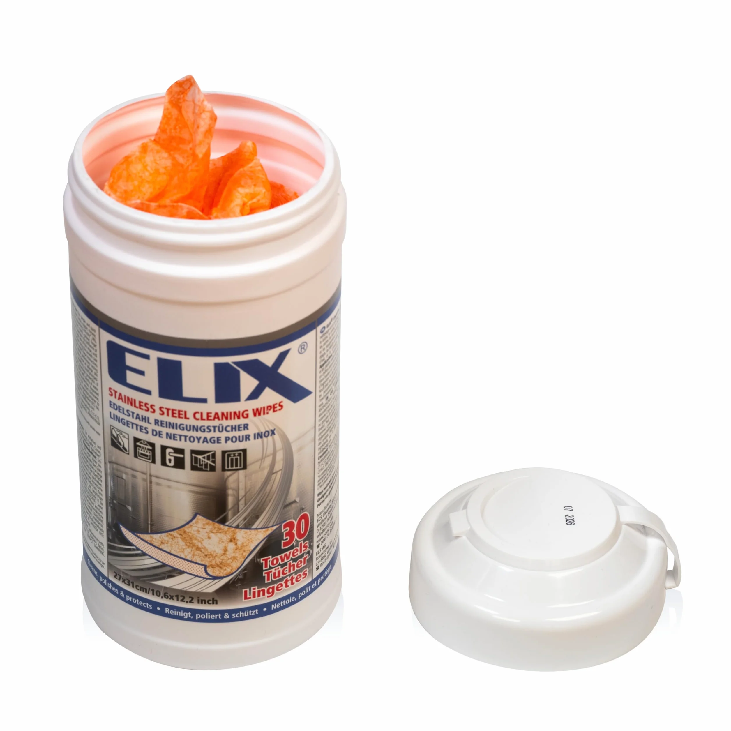 ELIX Toallitas Húmedas para Acero Inoxidable - para Acero Inoxidable, Aluminio, Cerámica, Cromo, Cobre y Latón - 30 Unidades en Dispensador - Paños Húmedos 27 * 31cm Naranja - Resistentes y Eficaces