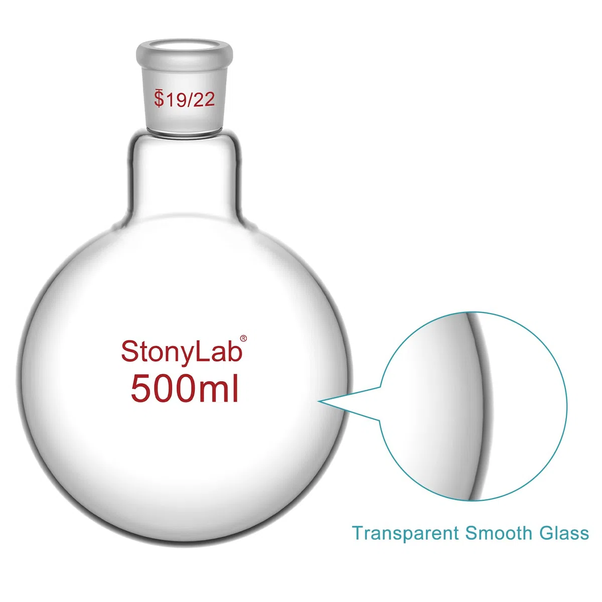 StonyLab Frasco RBF de borosilicato vidrio redondo, cuello redondo, 500mL, con junta exterior estándar 19/22-500ml