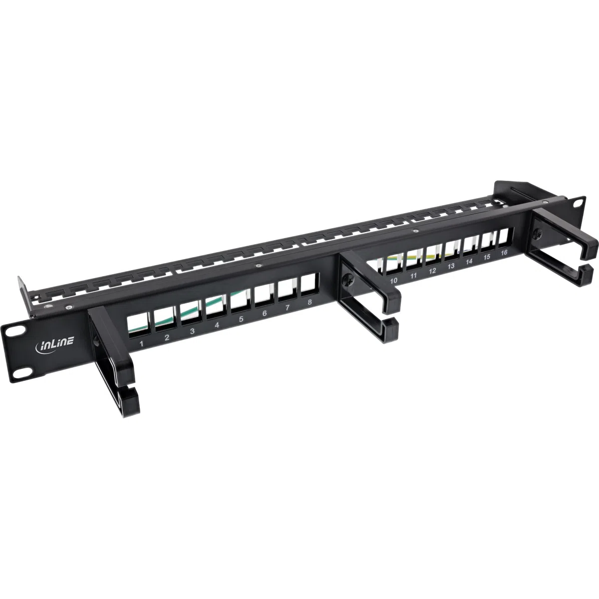 InLine® Patchfeld 76822B Keystone - Panel de Conexiones (16 Compartimentos, 19", 1U, con 3 planchas para Cables, Panel vacío para Redes y Multimedia, Montaje en Rack), Color Negro