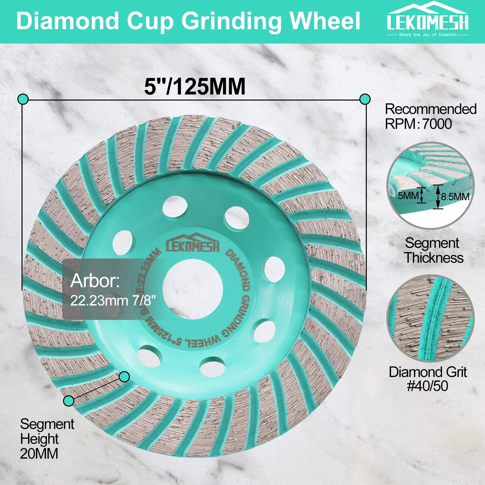 Muela de Copa de Diamante - 125mm Rueda Disco de Lijar Diamantato, Segmentos Turbo Disco para Hormigón Mármol Granito Albañilería LEKOMESH