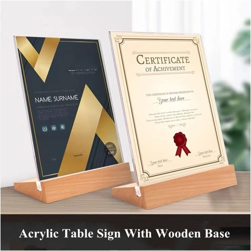A5 Soporte de Sobremesa, 3 Piezas Soporte A5 para Letreros de Acrílico, Base de Madera, Acrílico Menu Soporte para Restaurantes, Hotel, Tienda