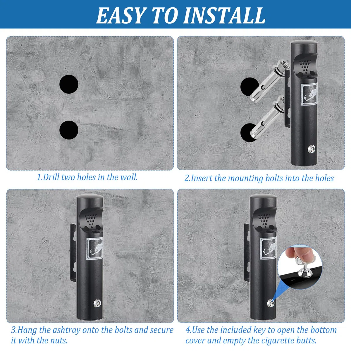 Cenicero montado en la pared, cenicero de pared para exterior, cenicero de pared de acero inoxidable con cerradura, resistente a la intemperie, cenicero de pared tubular público para terraza, hotel