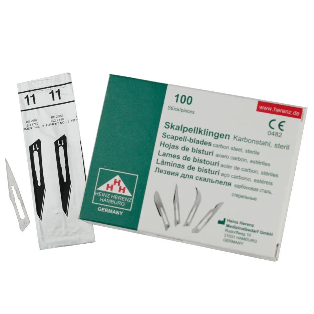 Set – 100 cuchillas de bisturí figura 11 de acero al carbono – Cuchillas de repuesto empaquetadas individualmente estériles + 1 soporte para bisturí de 21 cm de largo – acero inoxidable