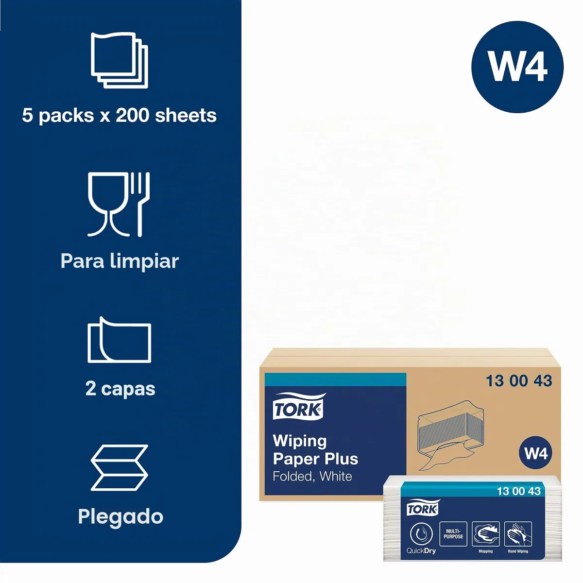 Tork 130043 Papel de secado extra de dos capas / Paños de papel compatibles con el sistema W4 / Premium / 200 hojas (32,4 x 38,5 cm) / color blanco