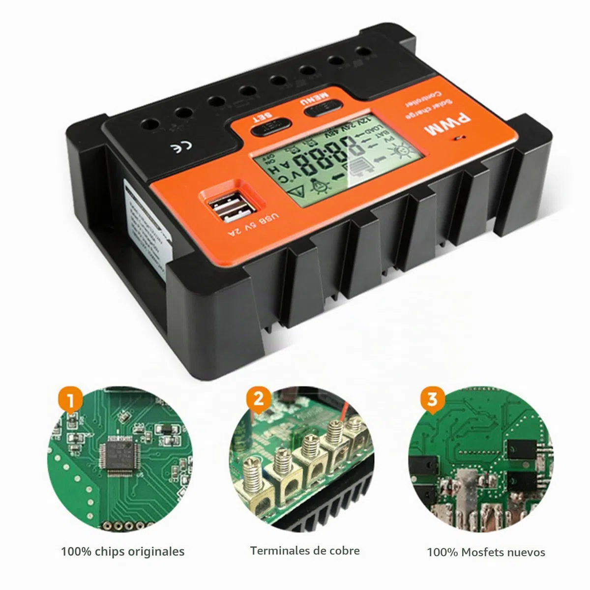 60A Controlador de Carga Solar 12V 24V 48V Automático, PWM 60A Regulador de Carga Solar, con sensor temperatura 2 puertos USB apto para 12V 24V 48V plomo ácido y litio Baterías etc