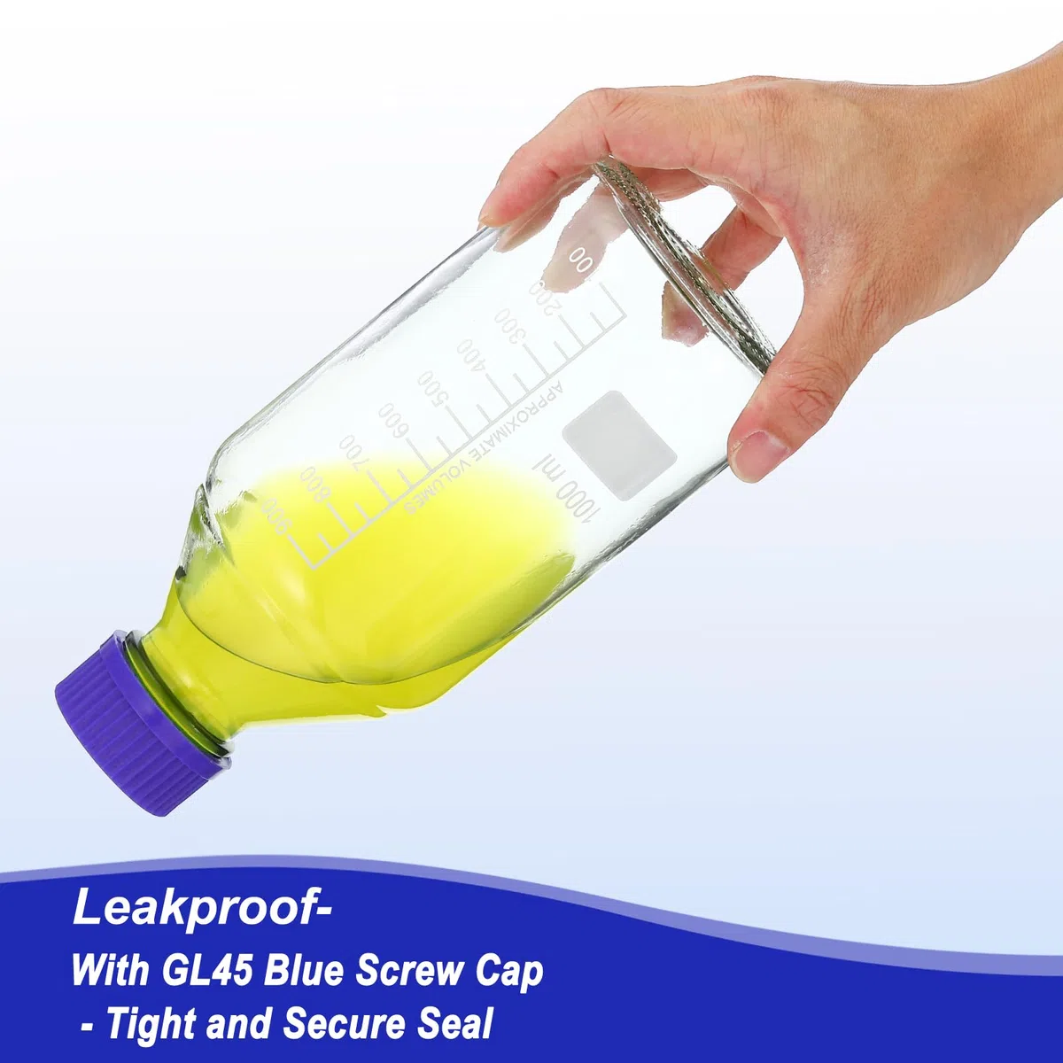 PATIKIL 4 Paquete Medios Almacenamiento Botellas, 1000ml Borosilicato Vidrio Redondas Graduada Botella con GL45 Azul Tornillo Tapa para Laboratorio Agua Reactivo Líquido, Claro