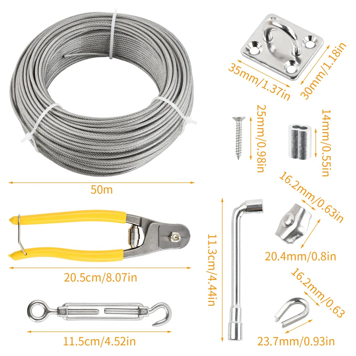 50m Cuerda Tendedero 3mm, 67 Pcs Kit Cable Acero Plastificado 7x7 con 4 Tensores de Alambre, 20 Presillas Cable Acero, 10 Abrazaderas, 10 Guardacabos, 4 Ganchos y Alicates,Estendal Ropa Exterior (3mm)
