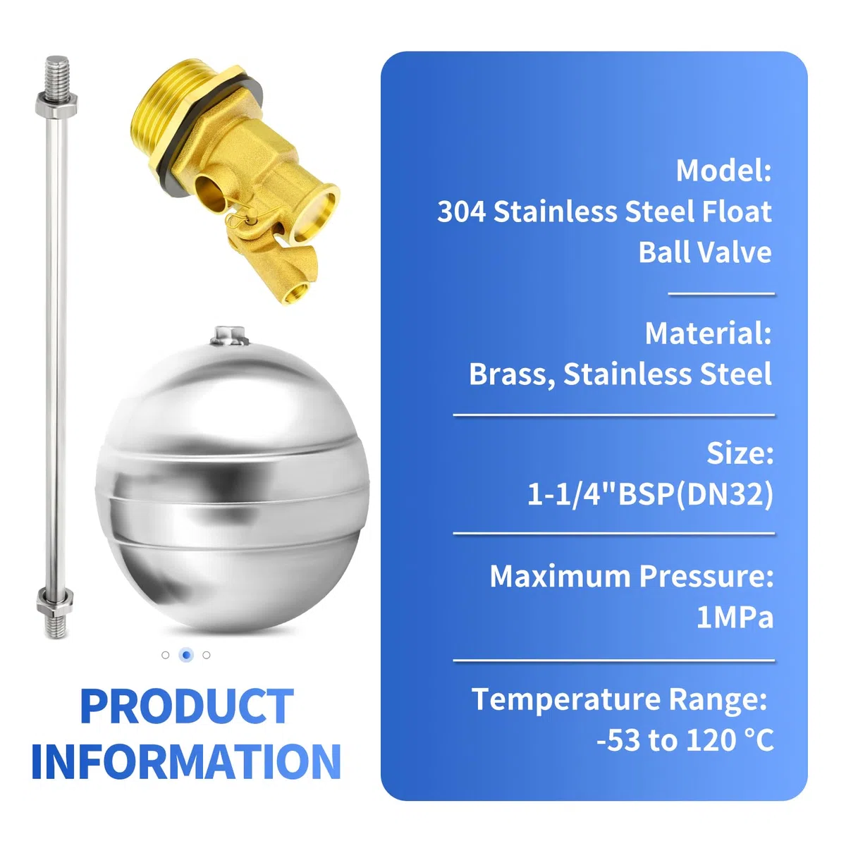 1 Pieza 304 Acero Inoxidable Válvula de Flotador con Accesorio, 1-1/4" BSP Interruptor Automático de Control de Nivel de Agua para Tanques y Piscinas