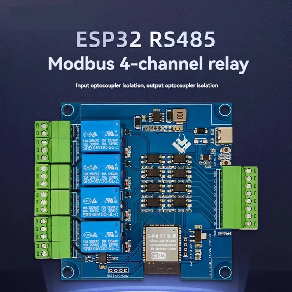 Módulo de Relé ESP32 Modbus de 4 Canales, 9-24 V, Tipo C, con RS485, Wifi, Bluetooth y Compatible con Modbus.