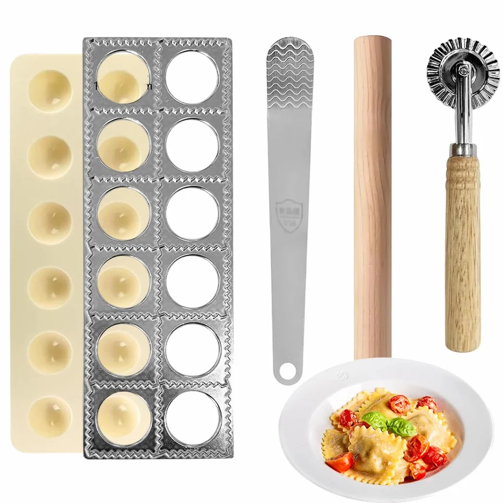 Ravioli - Juego de prensa para raviolis (4 piezas, acero inoxidable, con cortador redondo y cuadrado de 40 mm (12 orificios), incluye rodillo, espacio de llenado generoso para raviolis frescos y