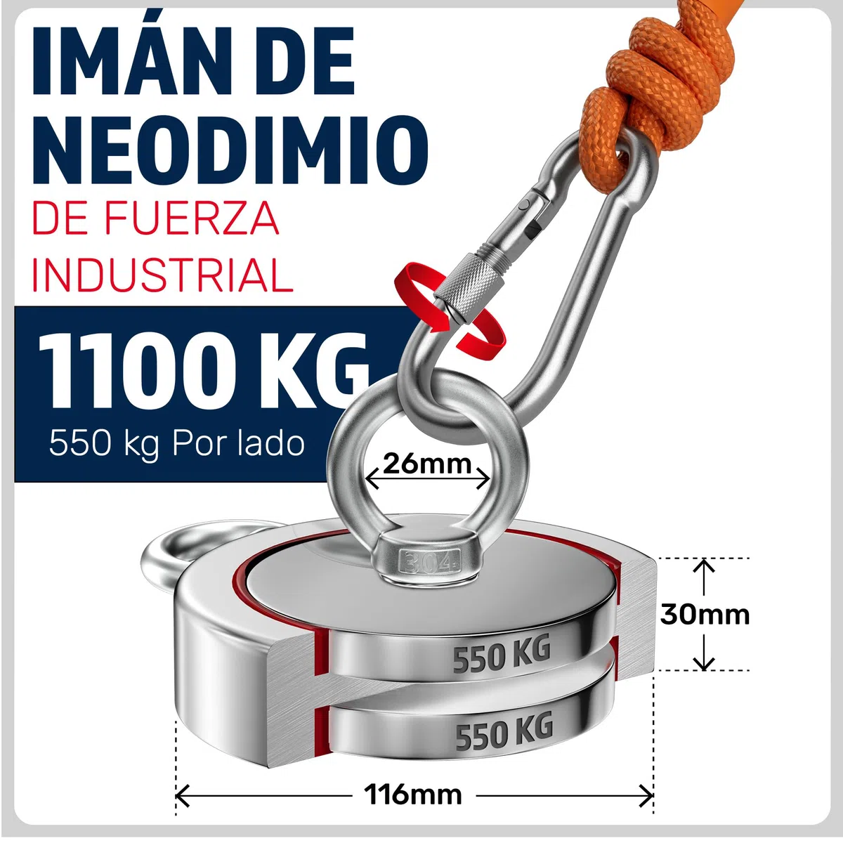 MAGFISHION Juego de Pesca Magnética - Fuerza de Atracción 1100KG (2500lb) - Ø116mm - Imanes Neodimio Potentes con Cuerda (20M) & Guantes- Iman de Neodimio