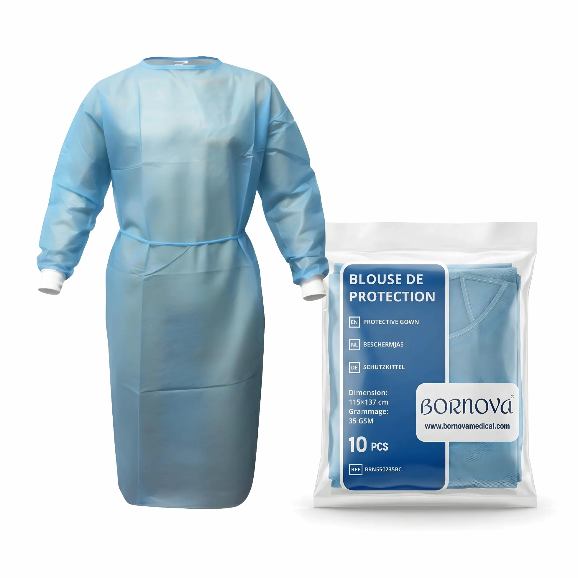 Bornova Sobrebata médica desechable - Bata de aislamiento para pacientes hospitales - PP Tamaño universal - Calidad profesional Cómodo - AZUL CIELO (35 gsm /10 PCS)