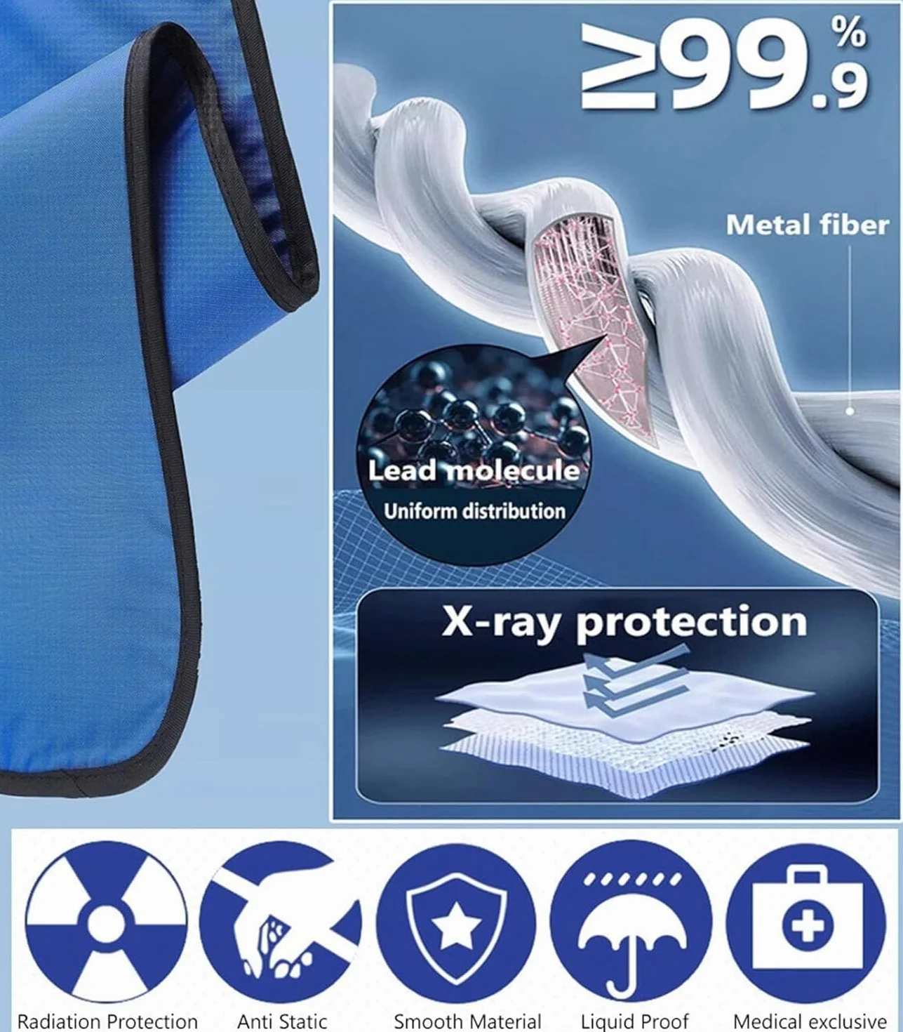 Delantal de Plomo para Rayos X Chaleco de Plomo Protector contra Rayos X Azul Delantal de Plomo(0.125mmpb,55x60cm)
