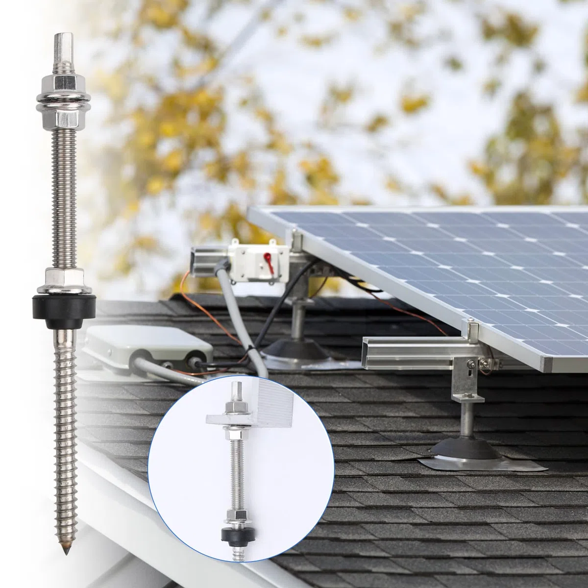 Tornillos para Fotovoltaicos M10 x 200mm, Pernos Solares de Altura Ajustable 4PCS, Incluido Tornillos Autorroscantes Doble Cabeza, Tuercas de Dientes de Bloqueo, Juntas de Goma